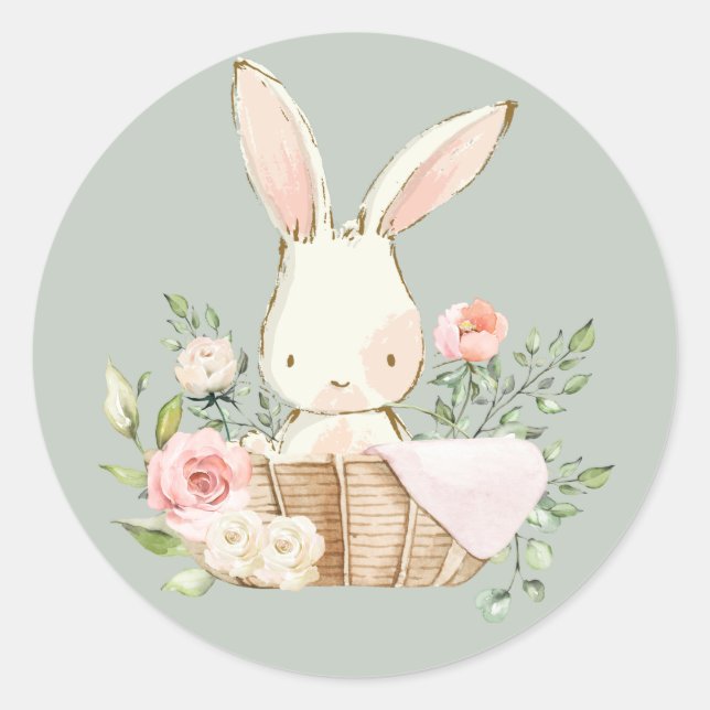 Sage Green Watercolor Bunny Rabbit Classic Round Sticker (Front)