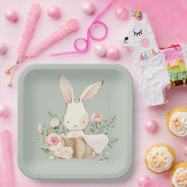 Sage Green Watercolor Bunny Rabbit Paper Plates (Party)