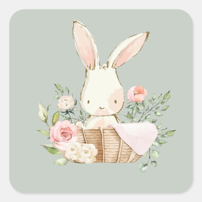 Sage Green Watercolor Bunny Rabbit Square Sticker (Front)
