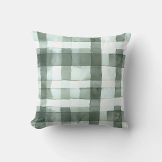 Sage Green Watercolor Chequered Throw Pillow