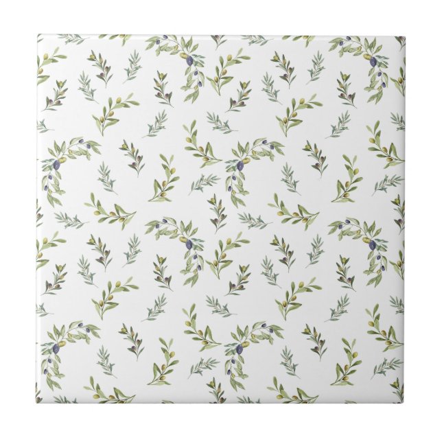 Sage Green Watercolor Chic Olive Pattern Ceramic Tile (Front)
