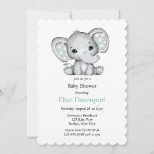 Sage Green Watercolor Elephant Baby Shower Invitation