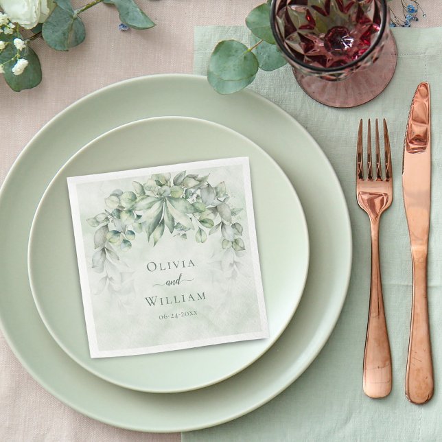 Sage Green Watercolor Eucalyptus Leaves Wedding Napkin (Creator Uploaded)