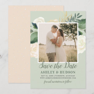 Sage Green Watercolor Floral Photo Wedding Save The Date