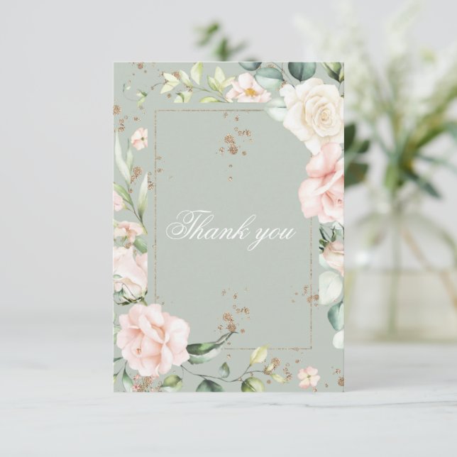 Sage Green Watercolor Floral Quinceañera Thank You Card (Standing Front)