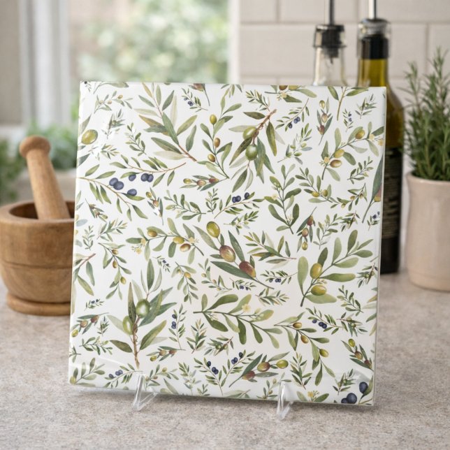 Sage Green Watercolor French Country Chic Olives Ceramic Tile (Creator Uploaded)