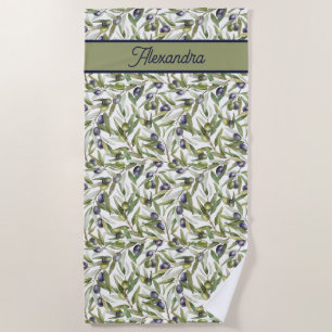 Sage Green Watercolor French Country Olive Beach Towel