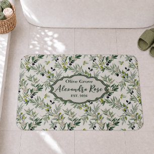Sage Green Watercolor French Country Olive Name Bath Mat