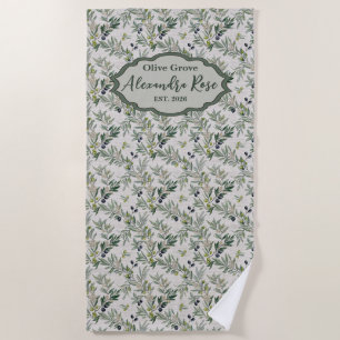 Sage Green Watercolor French Country Olive Name Beach Towel