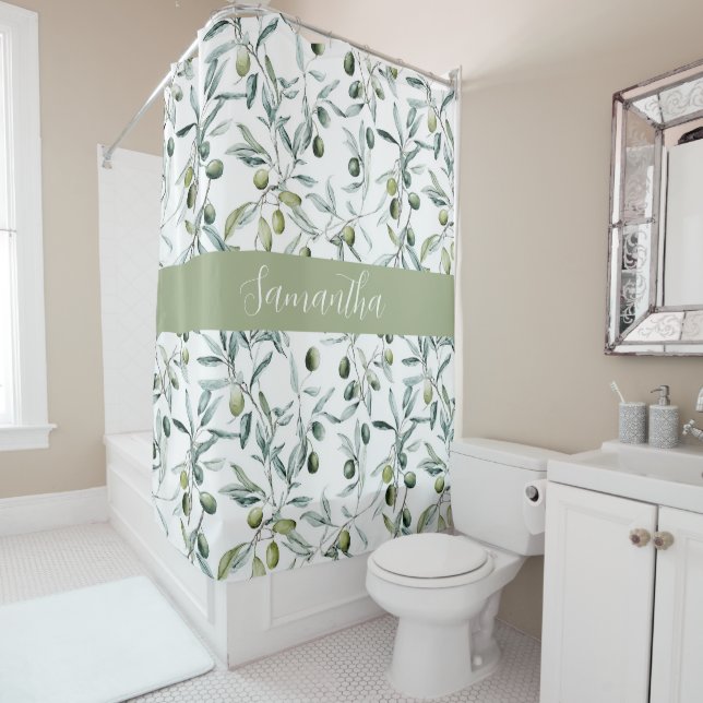 Sage Green Watercolor French Country Olive Name Shower Curtain (In Situ)