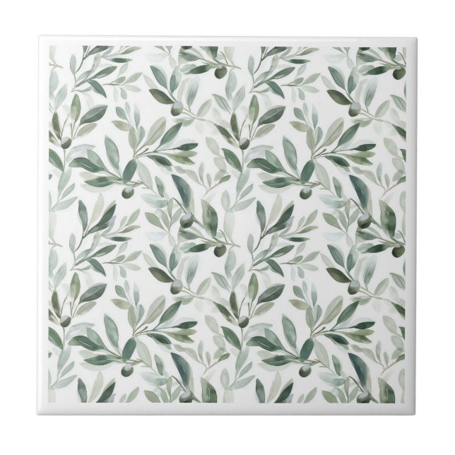 Sage Green Watercolor French Country Olive Pattern Ceramic Tile (Front)