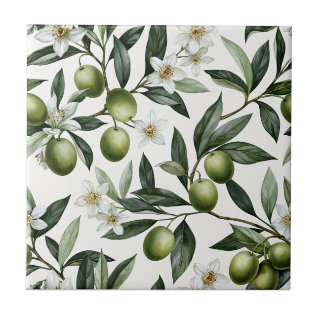Sage Green Watercolor French Country Olive Pattern Ceramic Tile (Front)