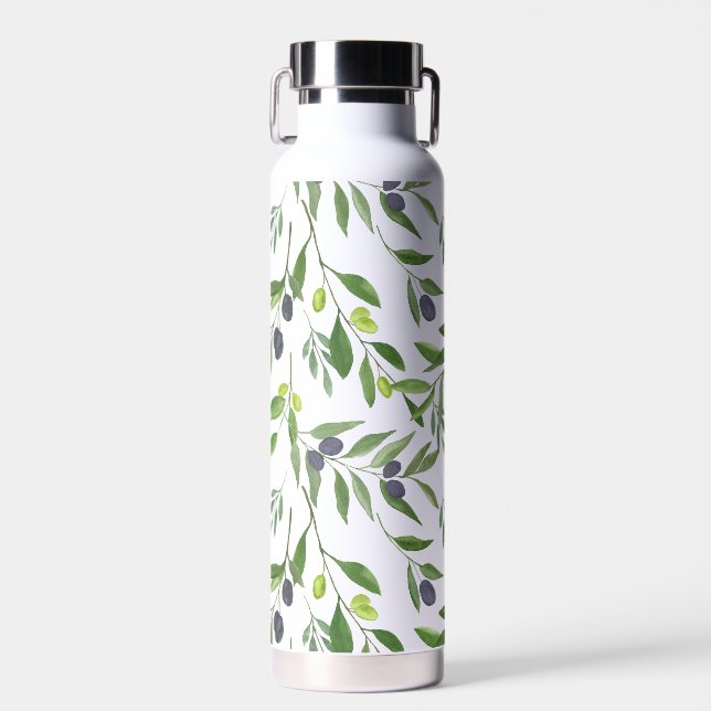 Sage Green Watercolor French Country Olive Pattern Water Bottle (Front)
