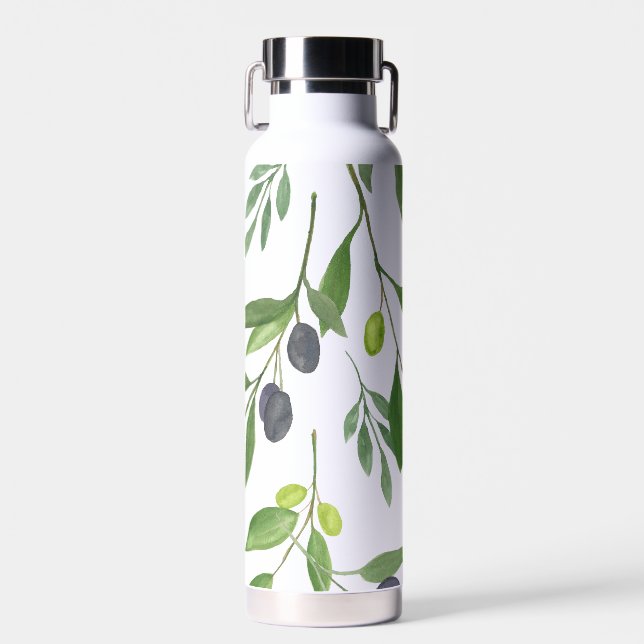 Sage Green Watercolor French Country Olive Pattern Water Bottle (Front)