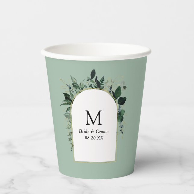 Sage green watercolor greenery arch wedding paper cups (Front)
