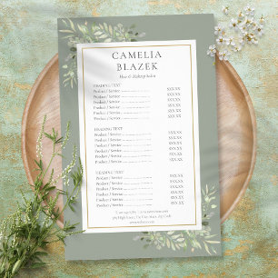 Sage Green Watercolor Greenery Salon Service Menu
