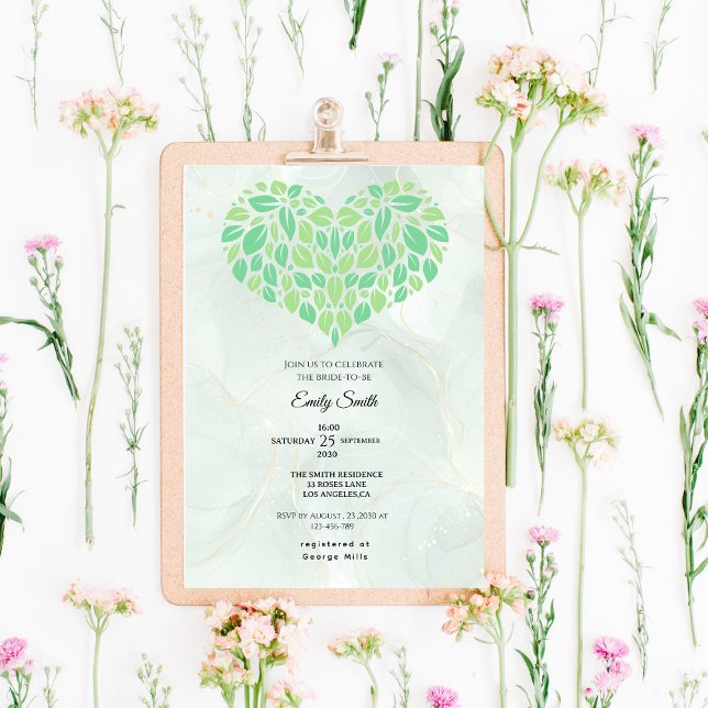 Sage Green Watercolor Heart Bridal Shower Invitation (Creator Uploaded)