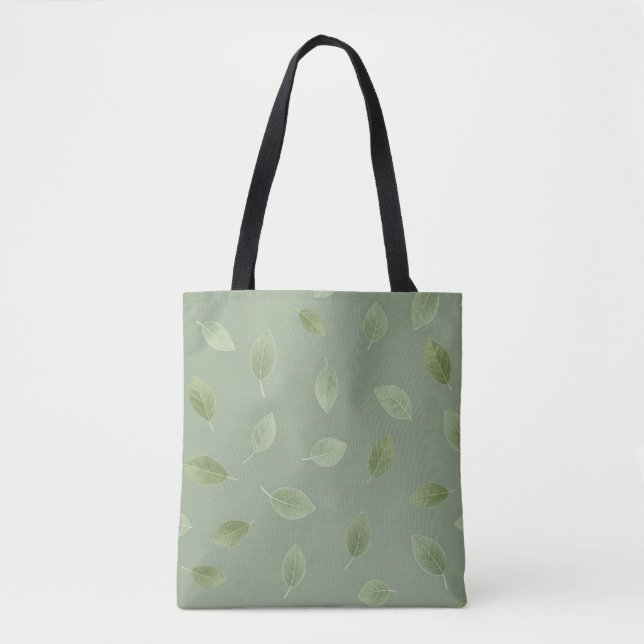 Sage Green Watercolor Leaf Pattern Tote Bag (Front)