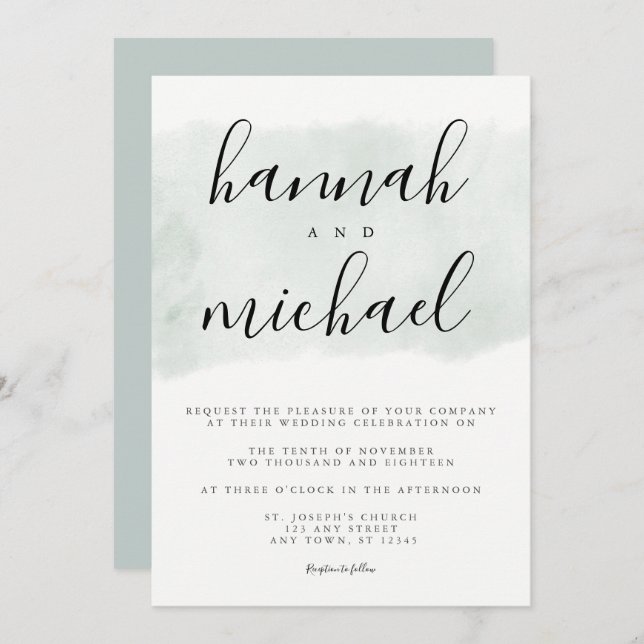 Sage Green Watercolor Modern Simple Wedding Invitation (Front/Back)
