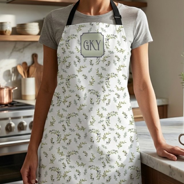 Sage Green Watercolor Monogram Chic Olive Pattern Apron (Creator Uploaded)