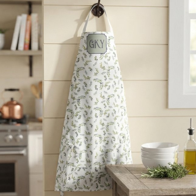 Sage Green Watercolor Monogram Chic Olive Pattern Apron (Creator Uploaded)