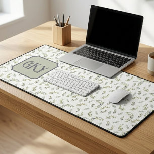 Sage Green Watercolor Monogram Chic Olive Pattern Desk Mat