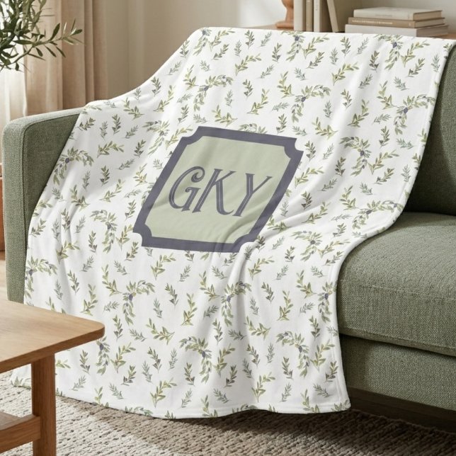 Sage Green Watercolor Monogram Chic Olive Pattern Fleece Blanket (Creator Uploaded)