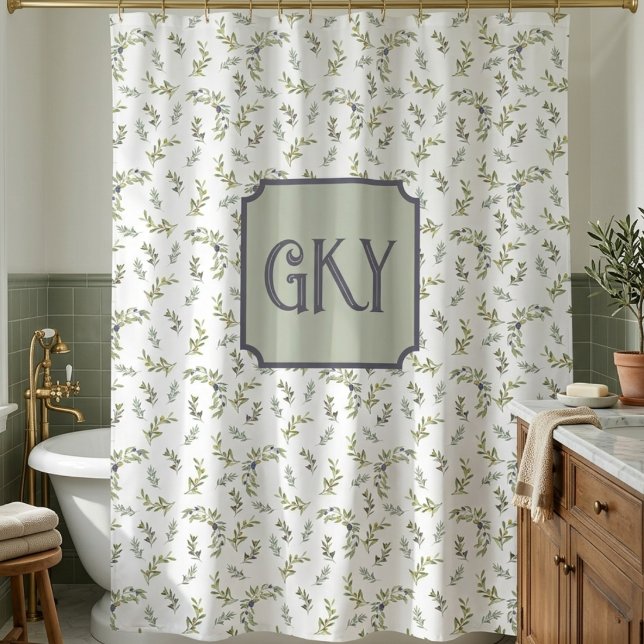 Sage Green Watercolor Monogram Chic Olive Pattern Shower Curtain (Creator Uploaded)