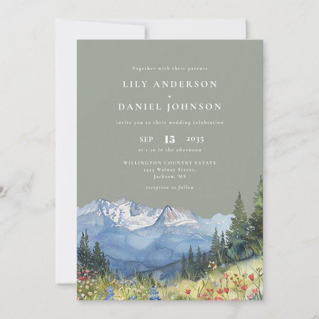 Sage Green Watercolor Mountain QR Code Wedding Invitation (Front)