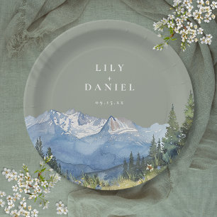 Sage Green Watercolor Mountain Wildflower Wedding Paper Plate