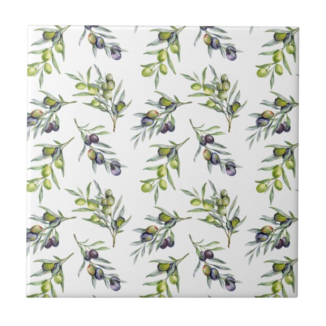Sage Green Watercolor Olives Ceramic Tile (Front)