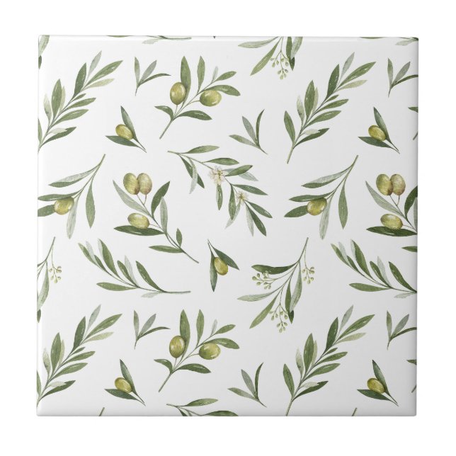 Sage Green Watercolor Olives Ceramic Tile (Front)