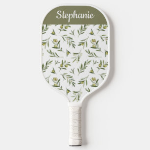 Sage Green Watercolor Olives Custom Name Pickleball Paddle