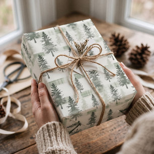 Sage Green Watercolor Pine Trees & Plaid Christmas Wrapping Paper