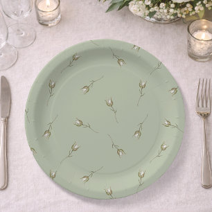 Sage Green Watercolor Rose Bud Paper Plate