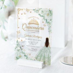 Sage Green Watercolor Roses Gold Quinceanera Acrylic Invitations
