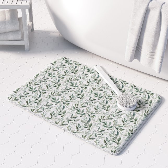 Sage Green Watercolor Rustic Olive Pattern Bath Mat (Creator Uploaded)