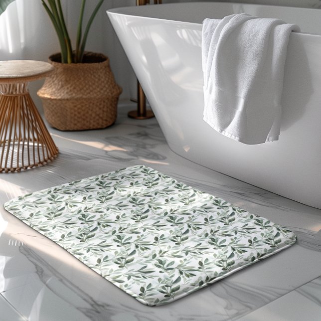 Sage Green Watercolor Rustic Olive Pattern Bath Mat (Creator Uploaded)
