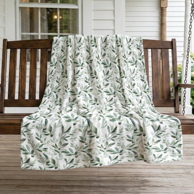 Sage Green Watercolor Rustic Olive Pattern Fleece Blanket (Creator Uploaded)