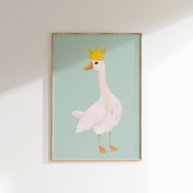 Sage Green Watercolor Silly Goose Nursery  Poster (A  white goose wearing a golden crown on a sage green background.)