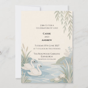 Sage Green Watercolor Swan Lake Wedding Invitation