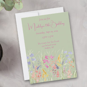 Sage Green Watercolor Wildflower Birthday Invitation