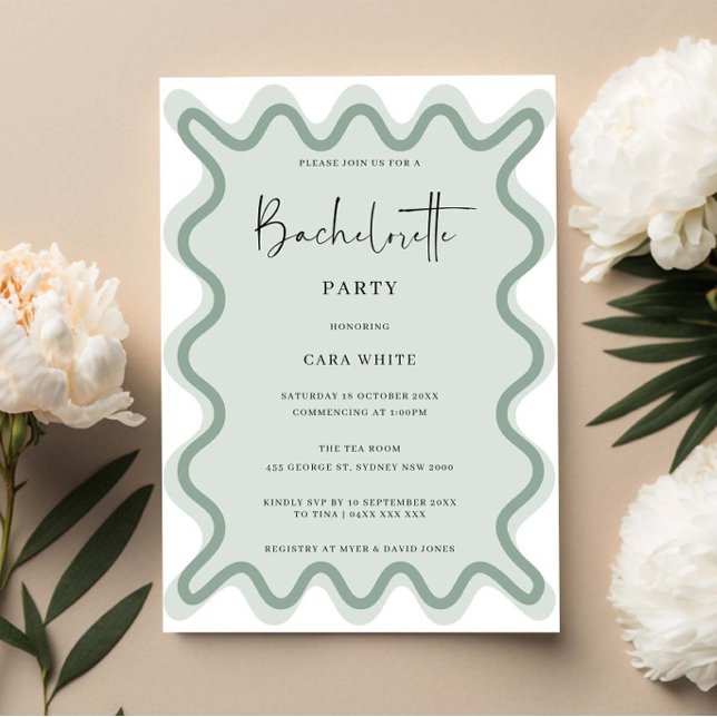 Sage Green Wavy Border Bachelorette Party Invitation (Creator Uploaded)