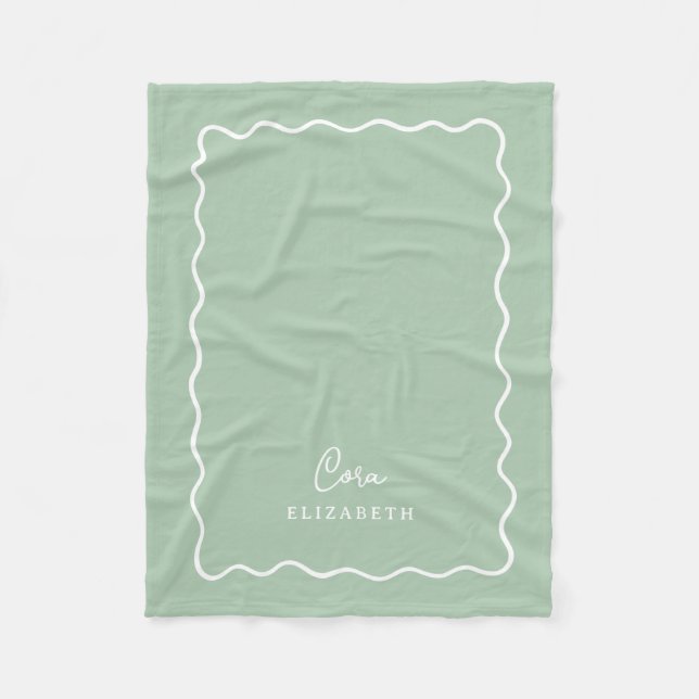 Sage Green Wavy Border Monogrammed Fleece Blanket (Front)
