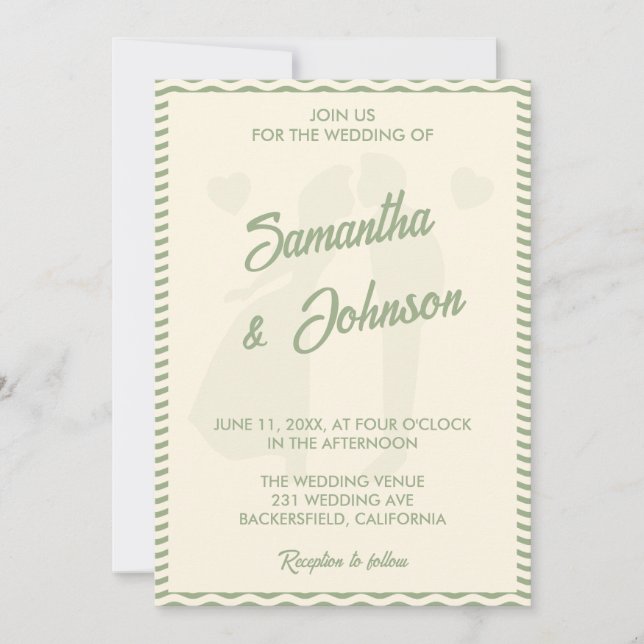 Sage Green Wavy Stripe QR Code Photo Wedding Invitation (Front)