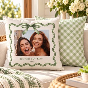 Sage Green Wavy Watercolor Ribbon Bow 2 Photo Cushion