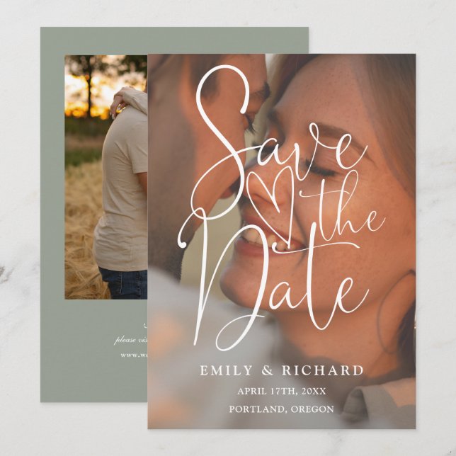 Sage Green Wedding 2 Photo Elegant Script Save The Date (Front/Back)