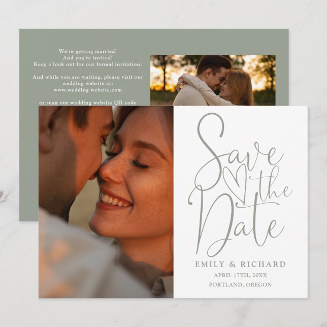 Sage Green Wedding 2 Photo QR Code Elegant Script Save The Date (Front/Back)