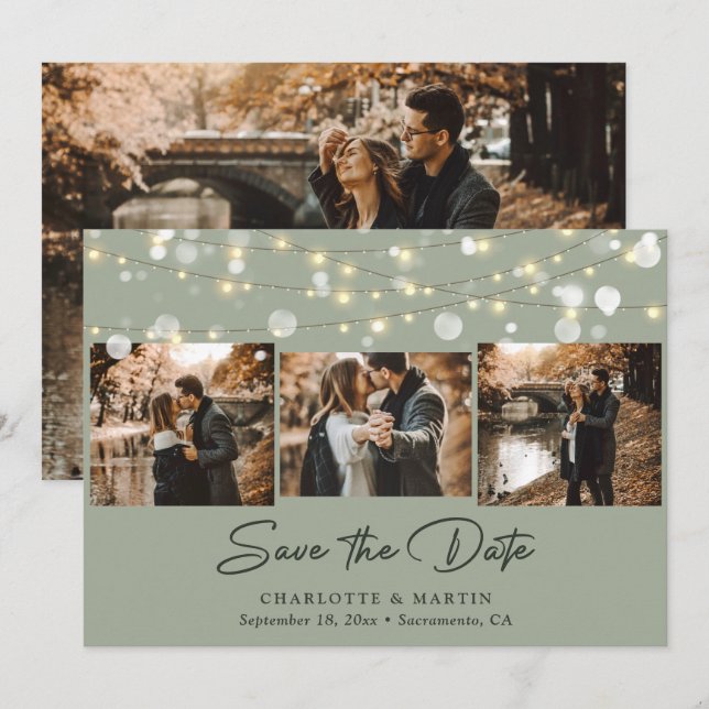 Sage Green Wedding 4 Photo Collage Save The Date (Front/Back)