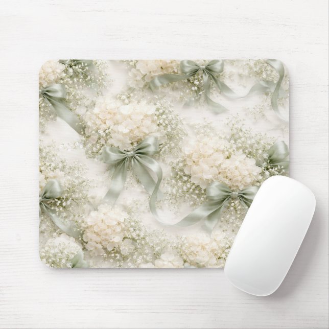 Sage Green Wedding Bows and Hydrangea Flowers Mouse Pad (With Mouse)